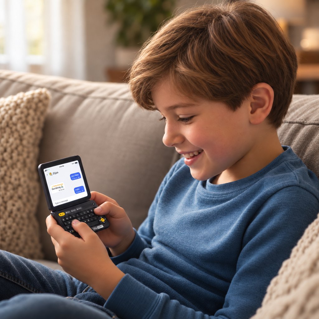 Happy child using a handheld communicator device at home
